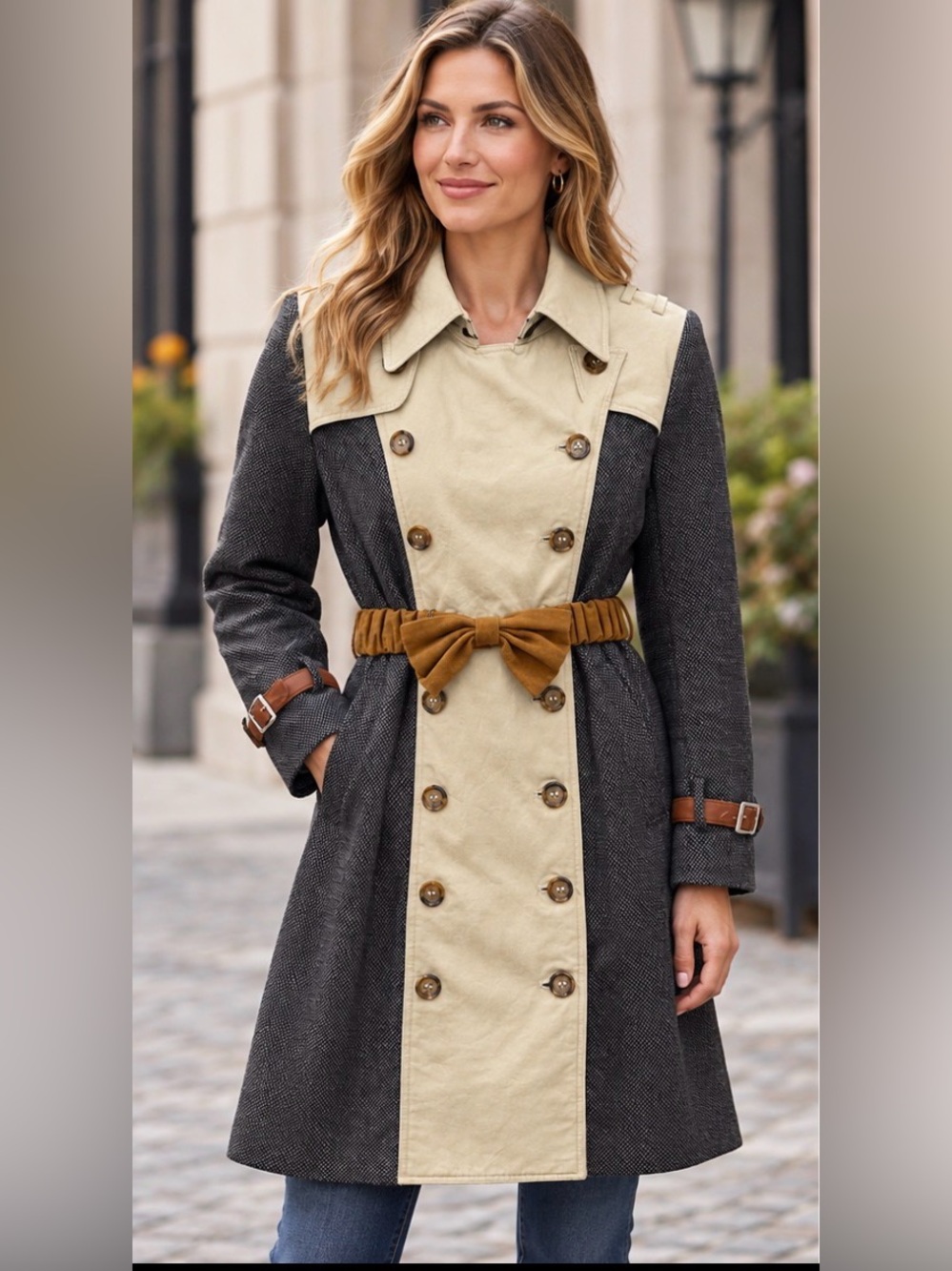 PINK MARTINI Colorblock Mixed Media
Double Breasted Trench Coat w/ Bow
Belt Sz M